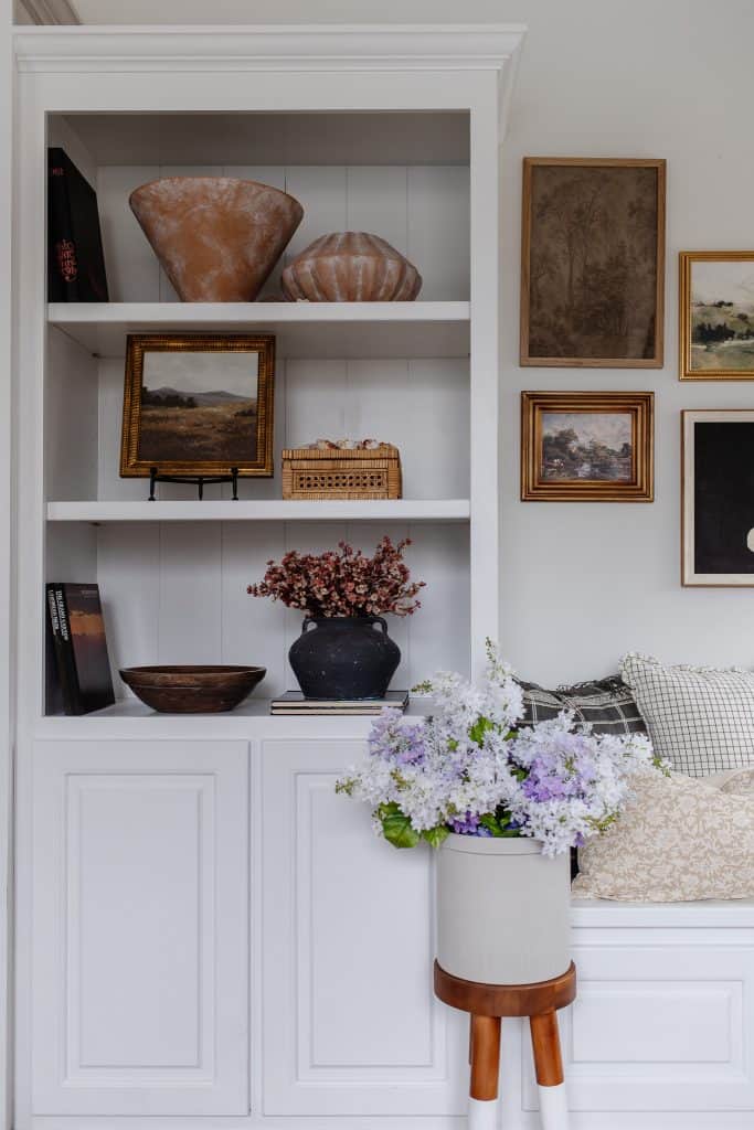 Faux shiplap on bookshelves