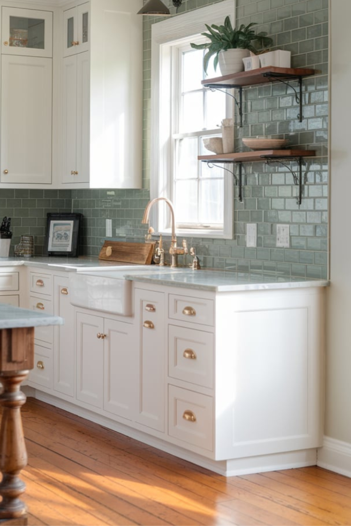 white kitchen cabinets with green backsplash
