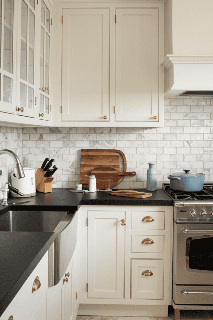 kitchen with white cabinets, marble backsplash and black counters