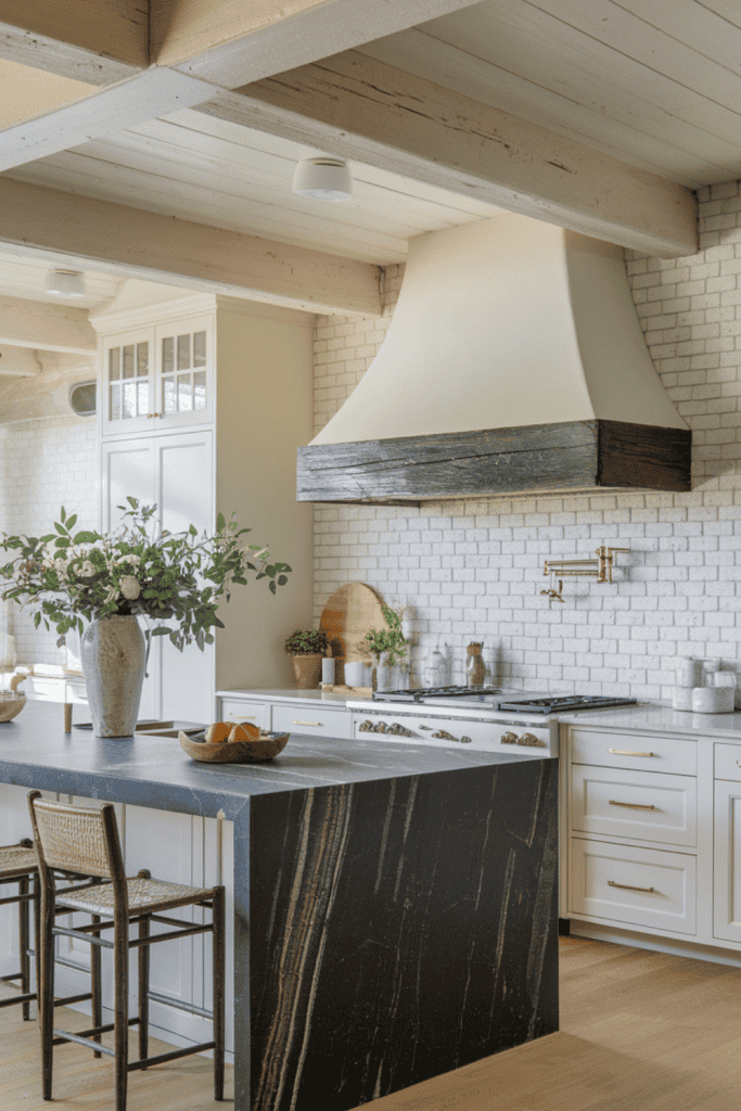 kitchen with white cabinets and white brick backsplash