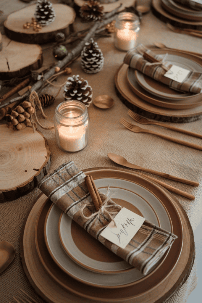 christmas table setting with plaid napkins and pinecones