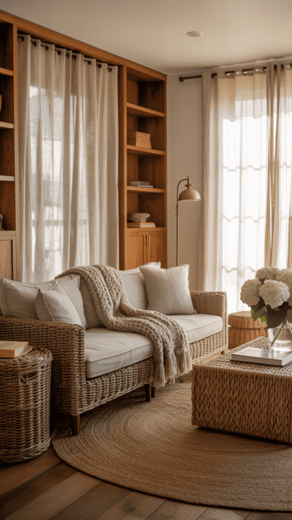 nancy meyer living room with wicker accents